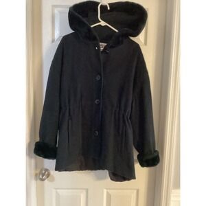 VintageAlbert Nipon Boutique Black Wool  Faux Fur Trim Hooded Coat Womens Medium